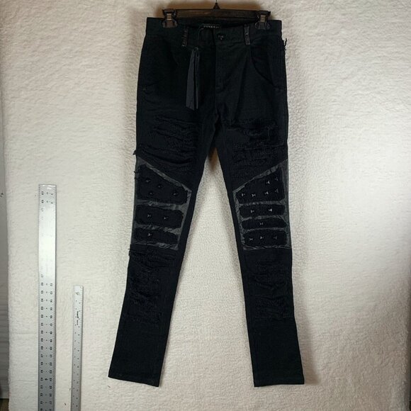 Punk Rave MIA Pants Men's M/S Black Cotton Studded Straight Fit Distressed S9781 - Picture 1 of 15